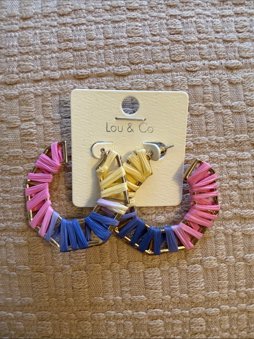 Multicolor Raffia Wrap Hoop Earrings - Pink, Blue, Yellow